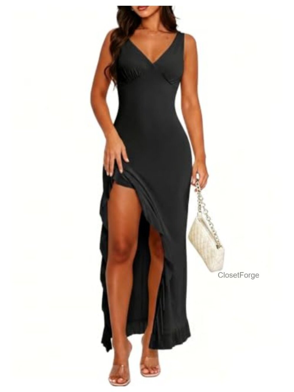 JKLESA Women's Sleeveless V-Neck Ruffle High Slit Bodycon Maxi Dress Evening
